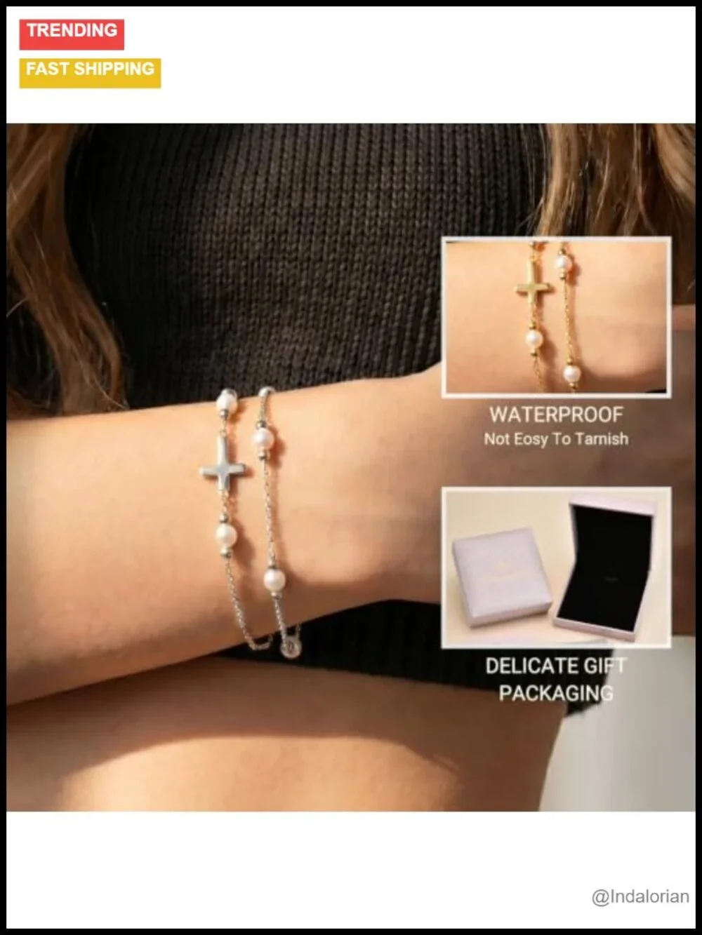18K Gold Plated Pearl Cross Bracelet Women Adjustable Dainty Stackable